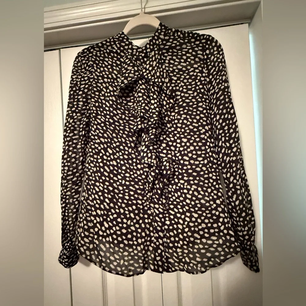 Tory Burch Black & Cream Veta Sheer Silk Blend  Blouse in Dot Print Top size 4